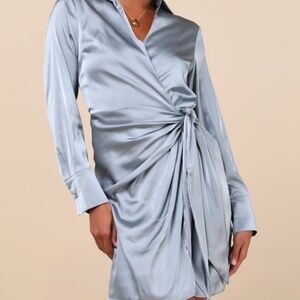 Lulus Painterly Perfection Slate Blue Satin Wrap Mini Dress - Size M